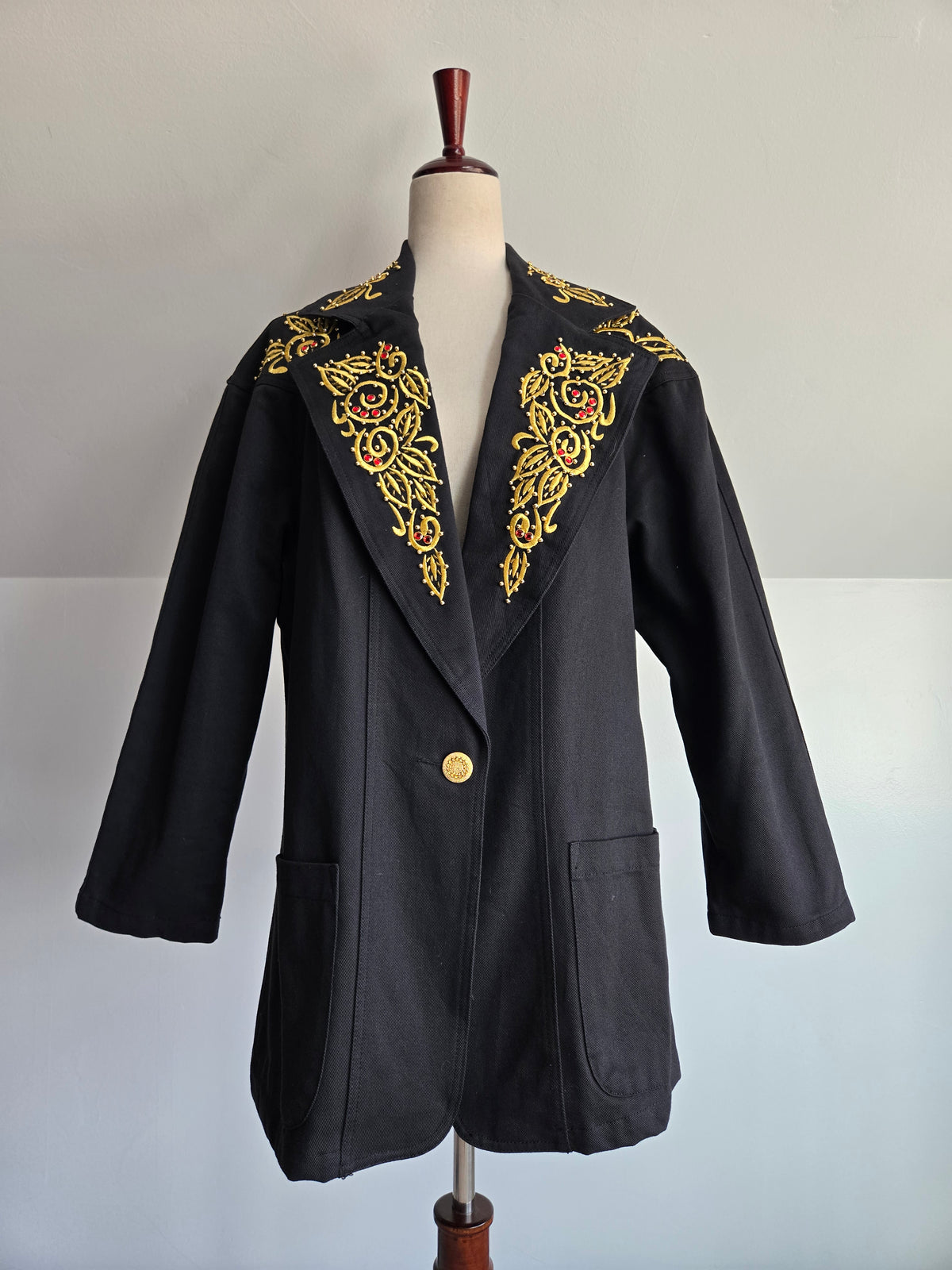 Jen Jen by Darian Vintage 80s Cotton Denim Jacket with Red Gems -