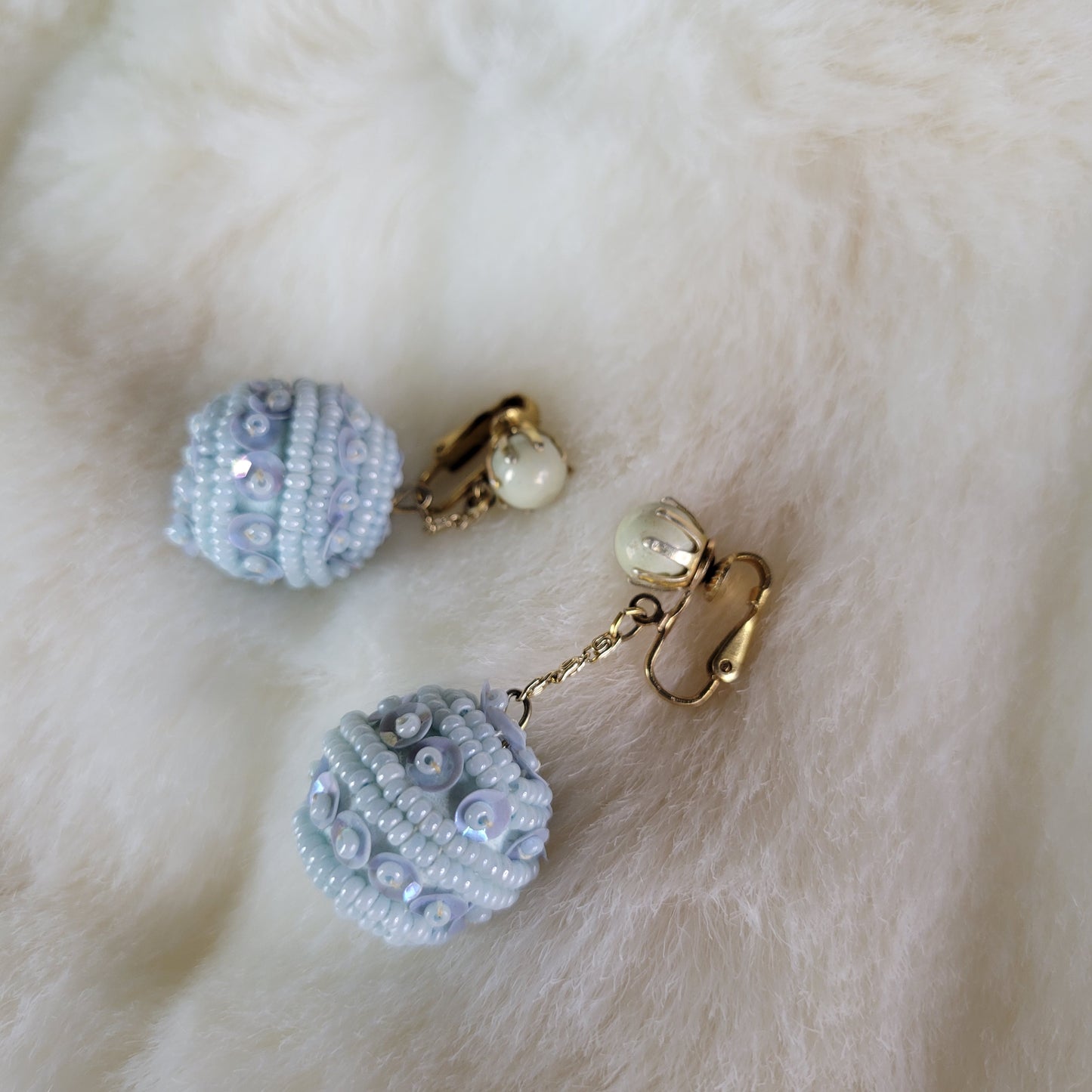 Dusty Blue Disco Ball Vintage Earrings with Pearl - Clip Ons