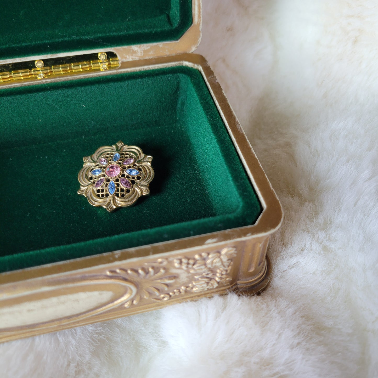 Vintage 1970s Gold Brooch with Pastel Rhinestones