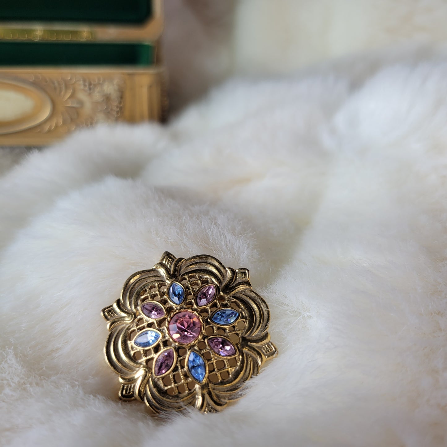 Vintage 1970s Gold Brooch with Pastel Rhinestones