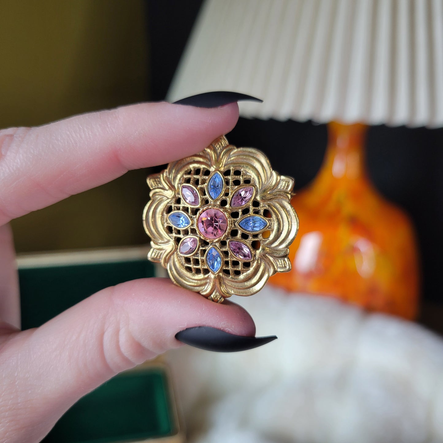 Vintage 1970s Gold Brooch with Pastel Rhinestones