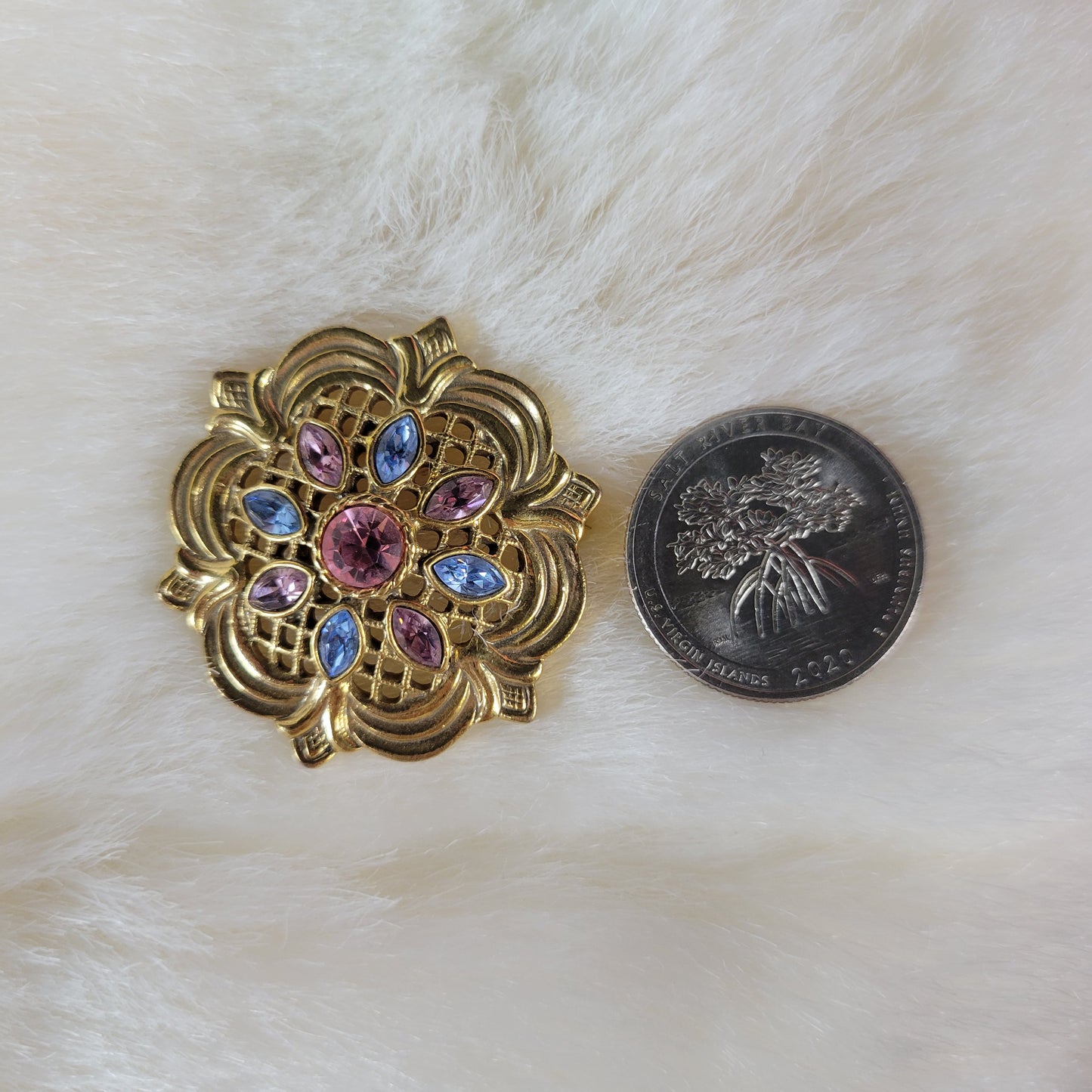 Vintage 1970s Gold Brooch with Pastel Rhinestones