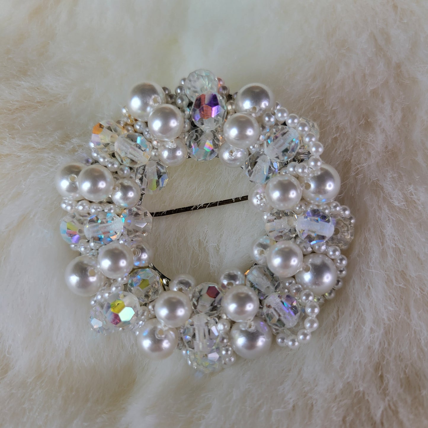 Made in Japan Clear Aurora Borealis Rhinestones and Pearls Vintage Brooch