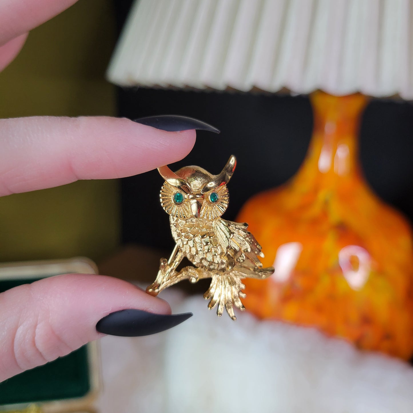 Vintage Monet Signed Gold Owl Brooch with Gold Rhinestone Eyes