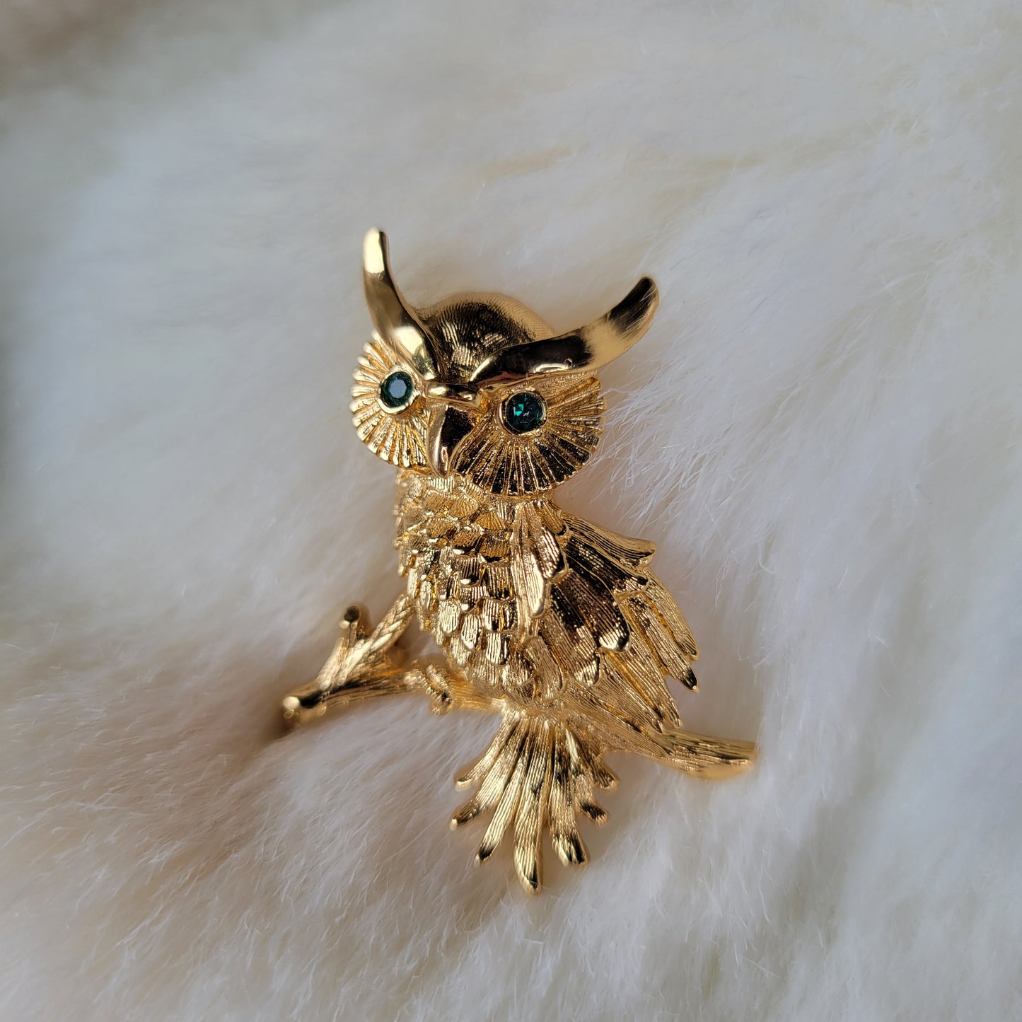 Vintage Monet Signed Gold Owl Brooch with Gold Rhinestone Eyes