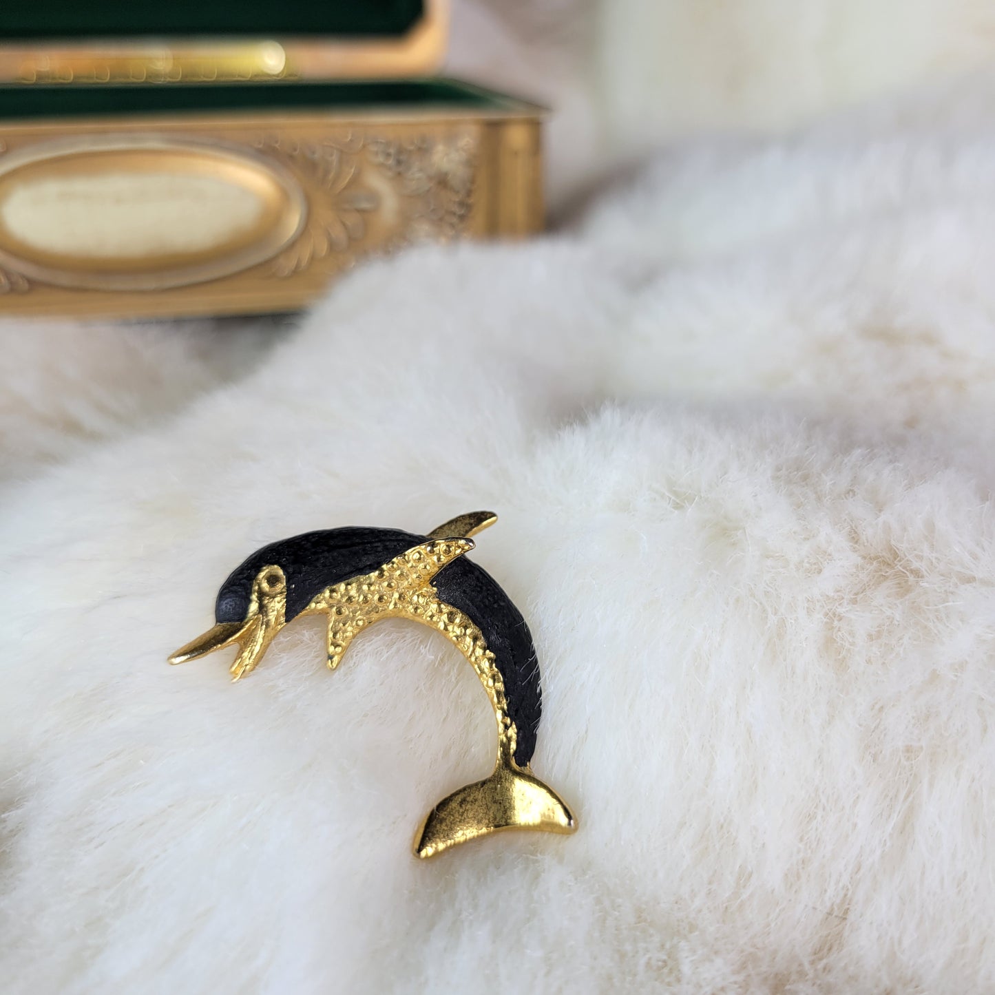 Matte Black and Gold Vintage Dolphin Brooch