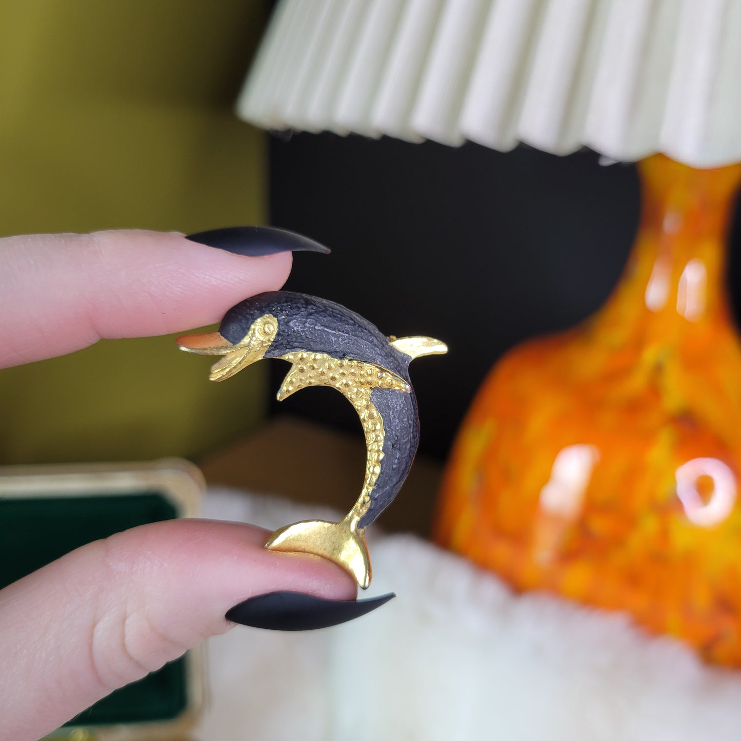 Matte Black and Gold Vintage Dolphin Brooch