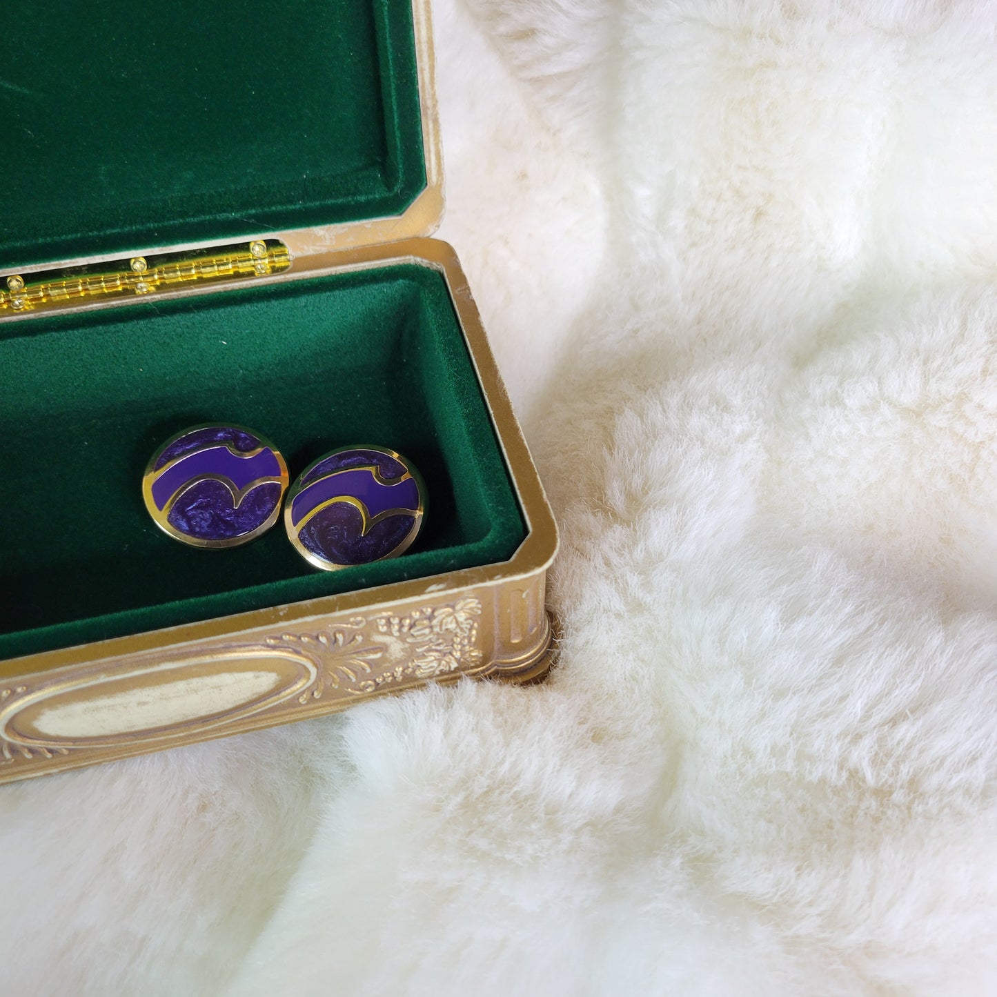 Gold and Purple Swirl Enamel Fill Round Earrings - Pierced