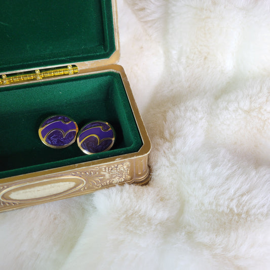 Gold and Purple Swirl Enamel Fill Round Earrings - Pierced