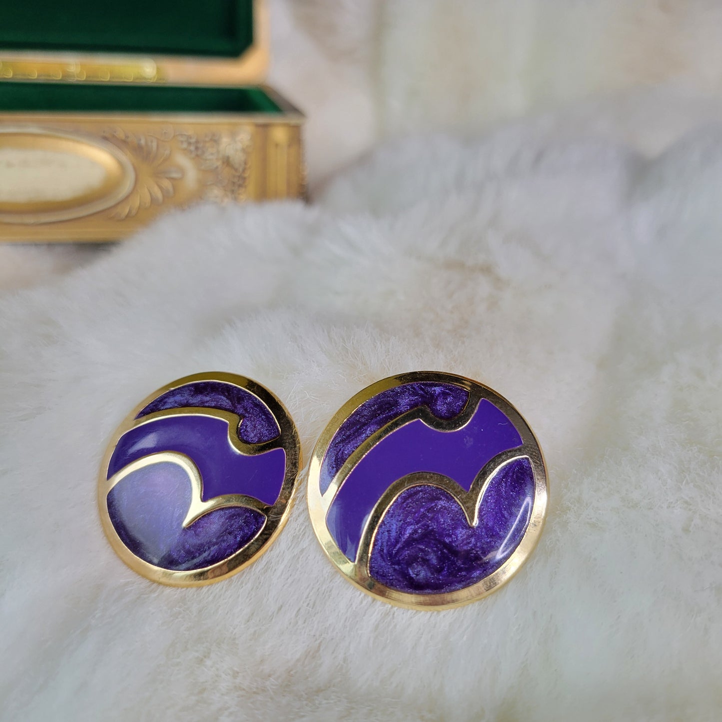 Gold and Purple Swirl Enamel Fill Round Earrings - Pierced