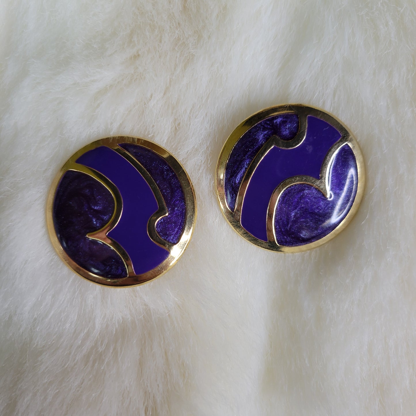 Gold and Purple Swirl Enamel Fill Round Earrings - Pierced