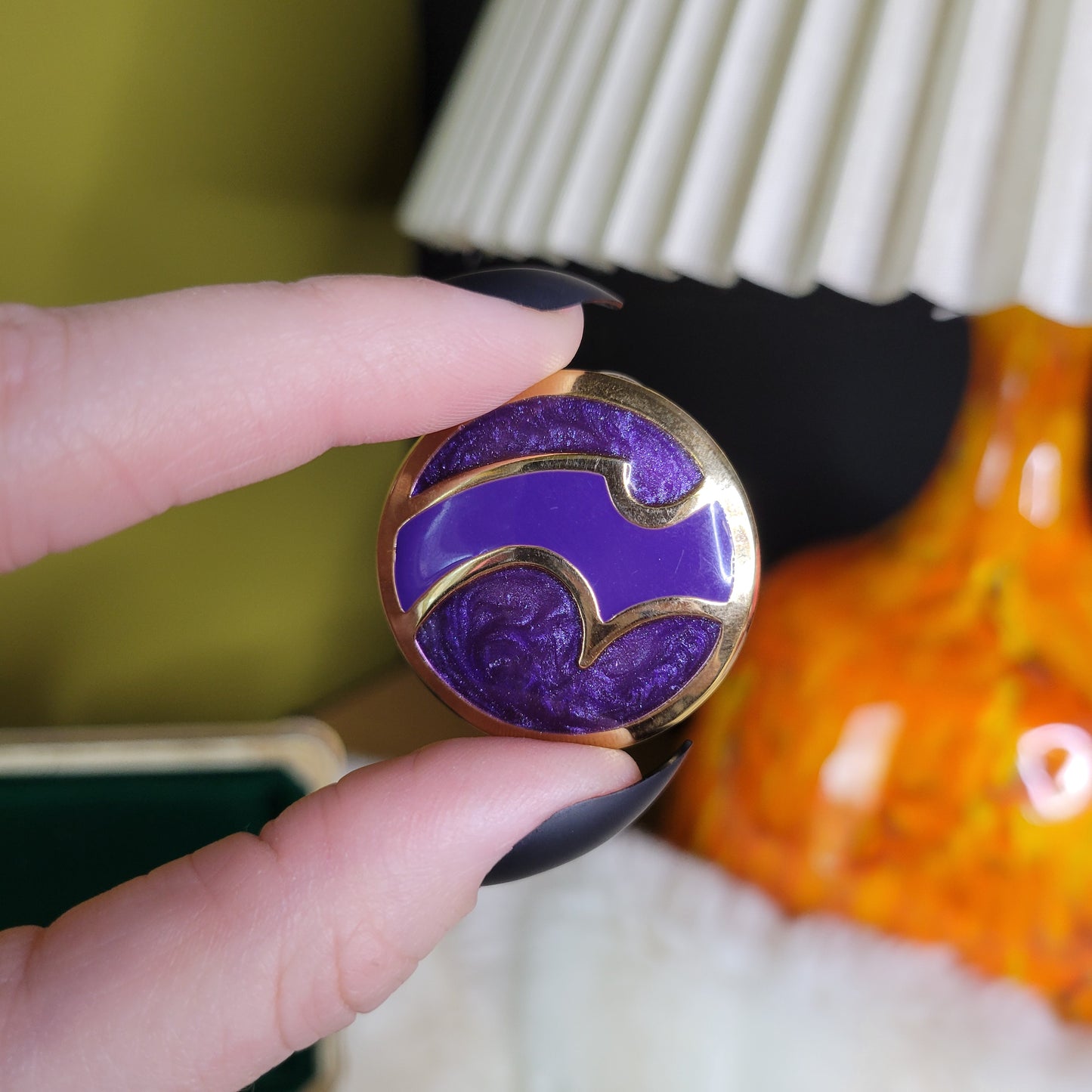 Gold and Purple Swirl Enamel Fill Round Earrings - Pierced