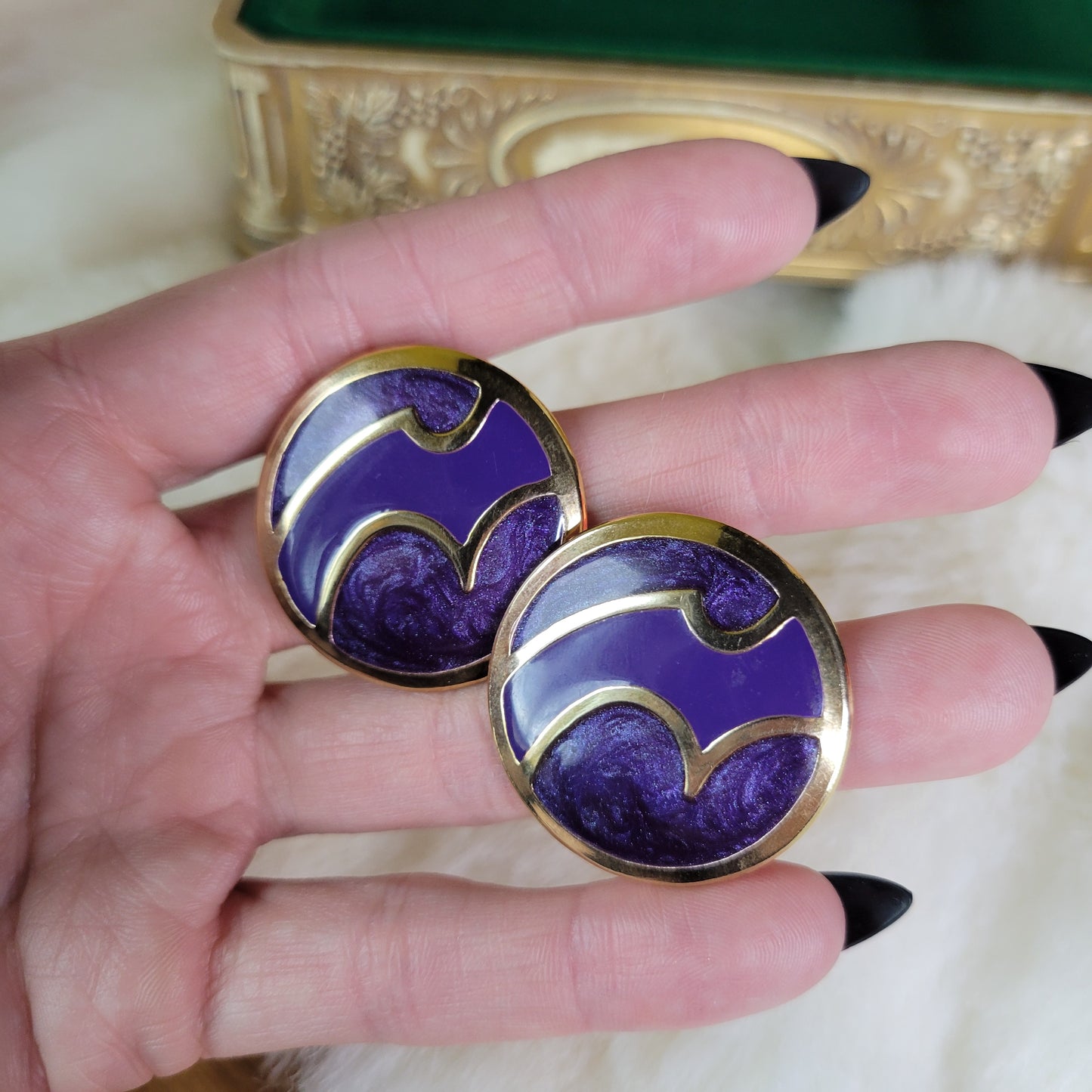 Gold and Purple Swirl Enamel Fill Round Earrings - Pierced