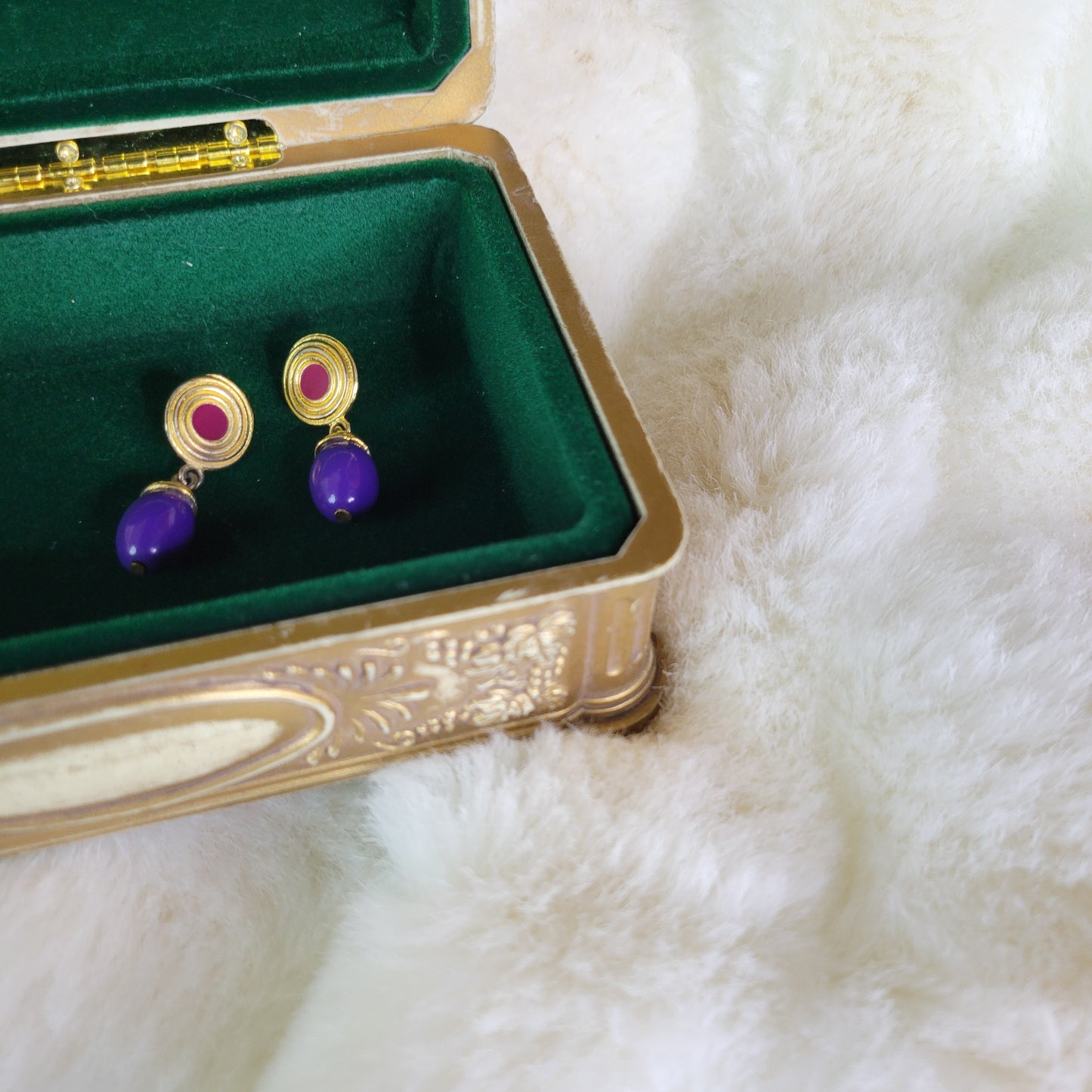 Gold and Pink with Purple Gumdrop Vintage Earrings - Pierced