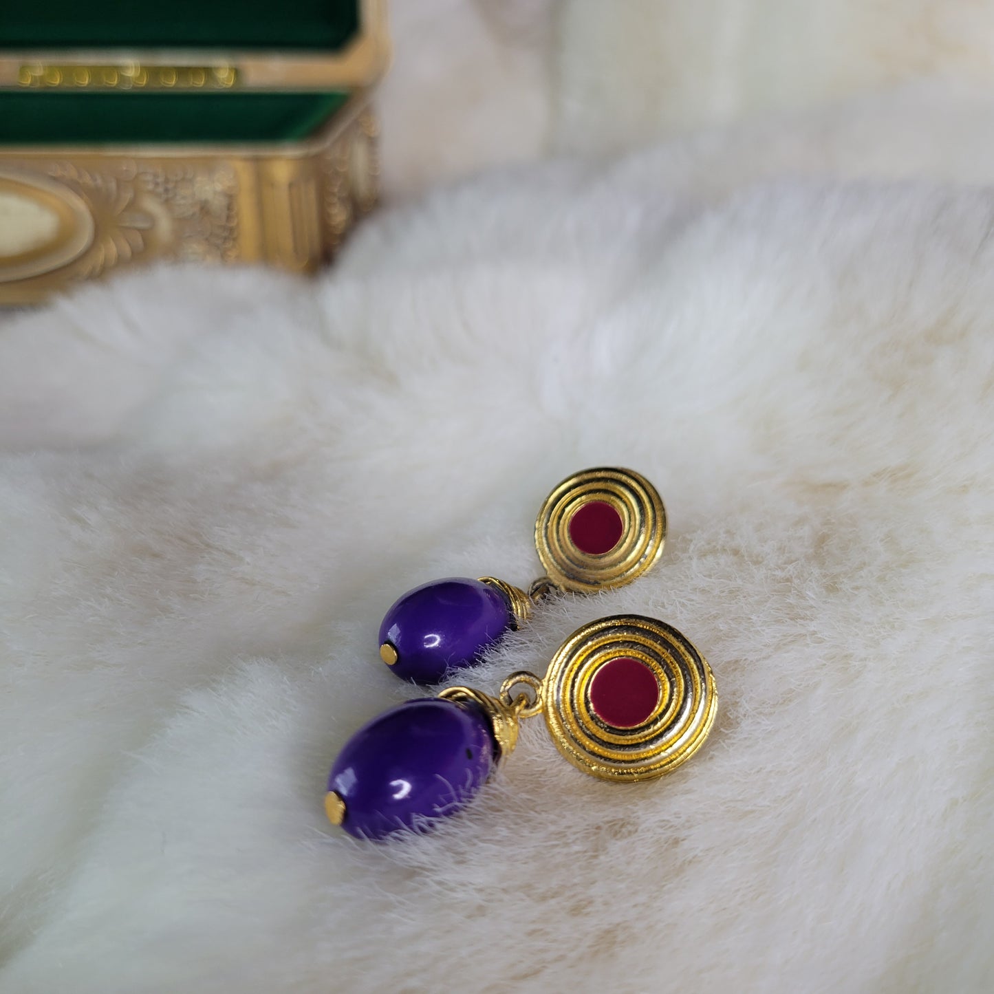 Gold and Pink with Purple Gumdrop Vintage Earrings - Pierced