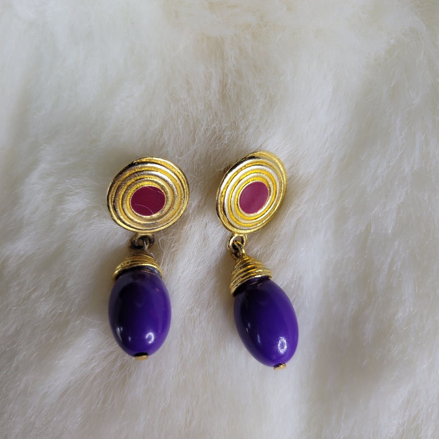 Gold and Pink with Purple Gumdrop Vintage Earrings - Pierced