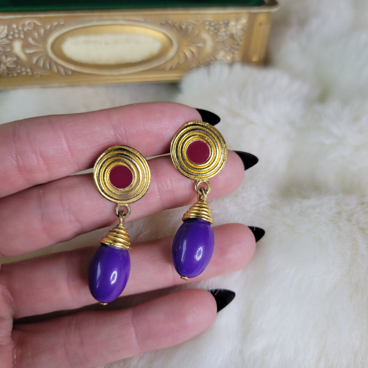 Gold and Pink with Purple Gumdrop Vintage Earrings - Pierced