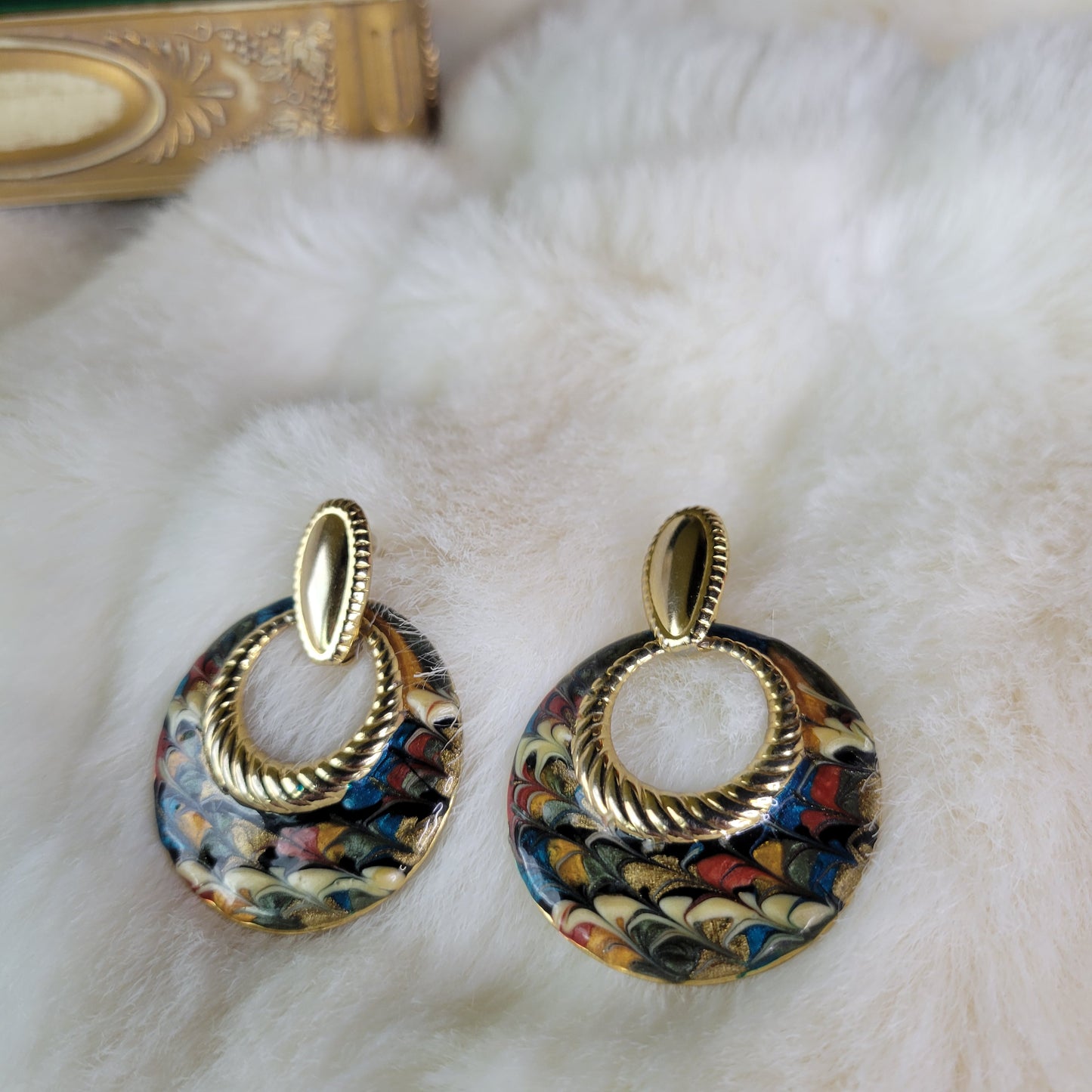 Gold Vintage Hoop Drop Earrings with Tie Dye Enamel Fill - Pierced