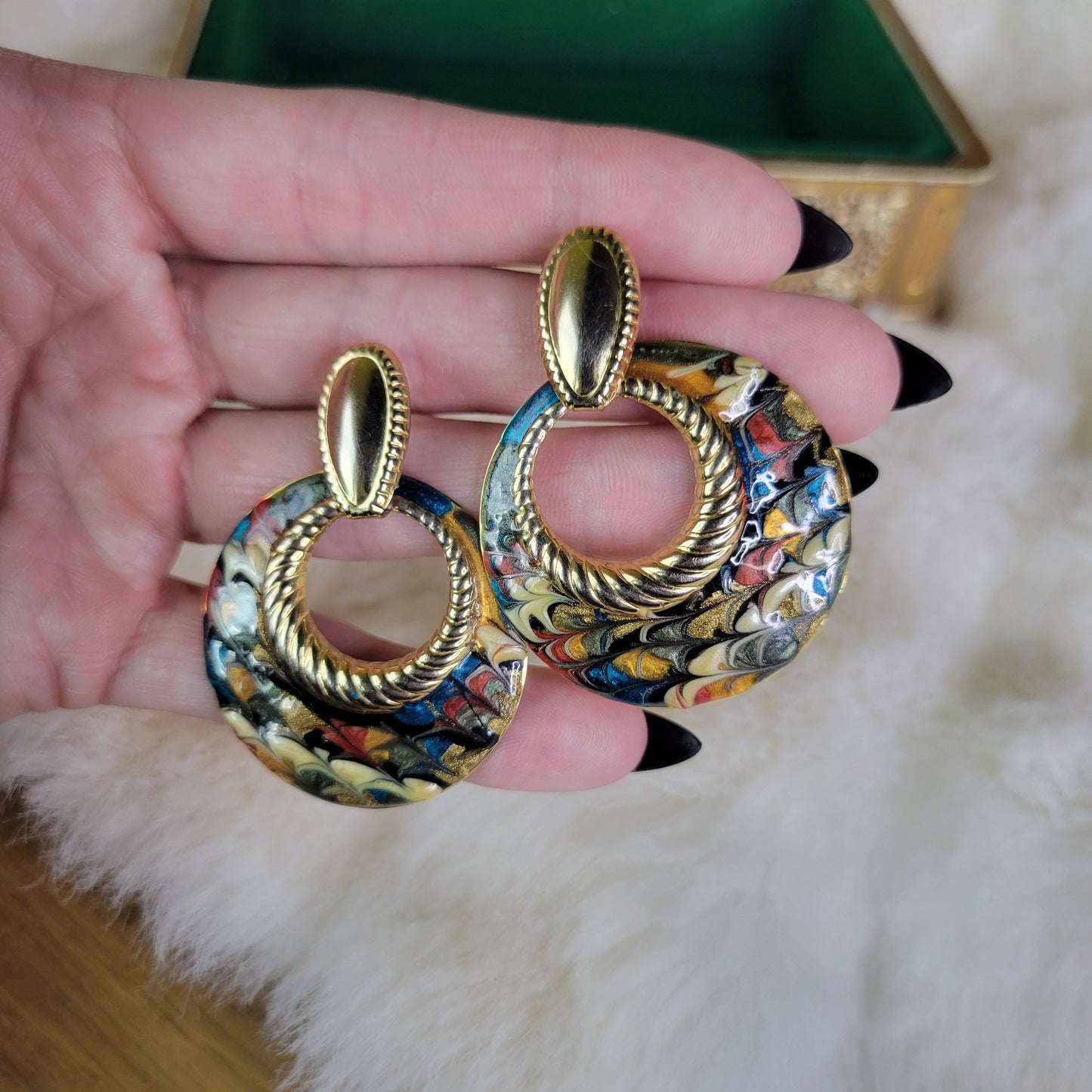 Gold Vintage Hoop Drop Earrings with Tie Dye Enamel Fill - Pierced