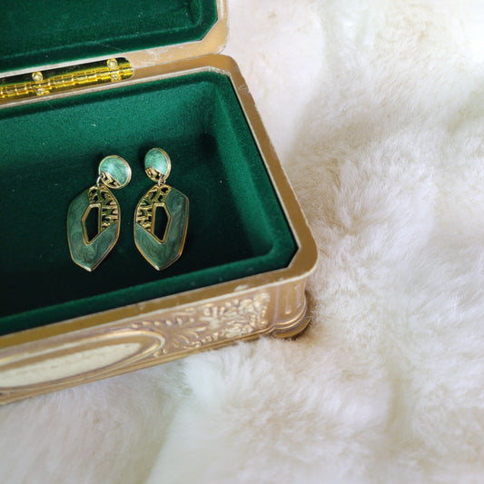 Gold with Green Swirl Enamel Vintage Drop Earrings - Pierced