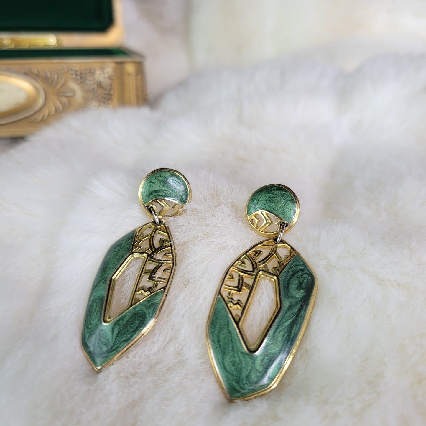 Gold with Green Swirl Enamel Vintage Drop Earrings - Pierced