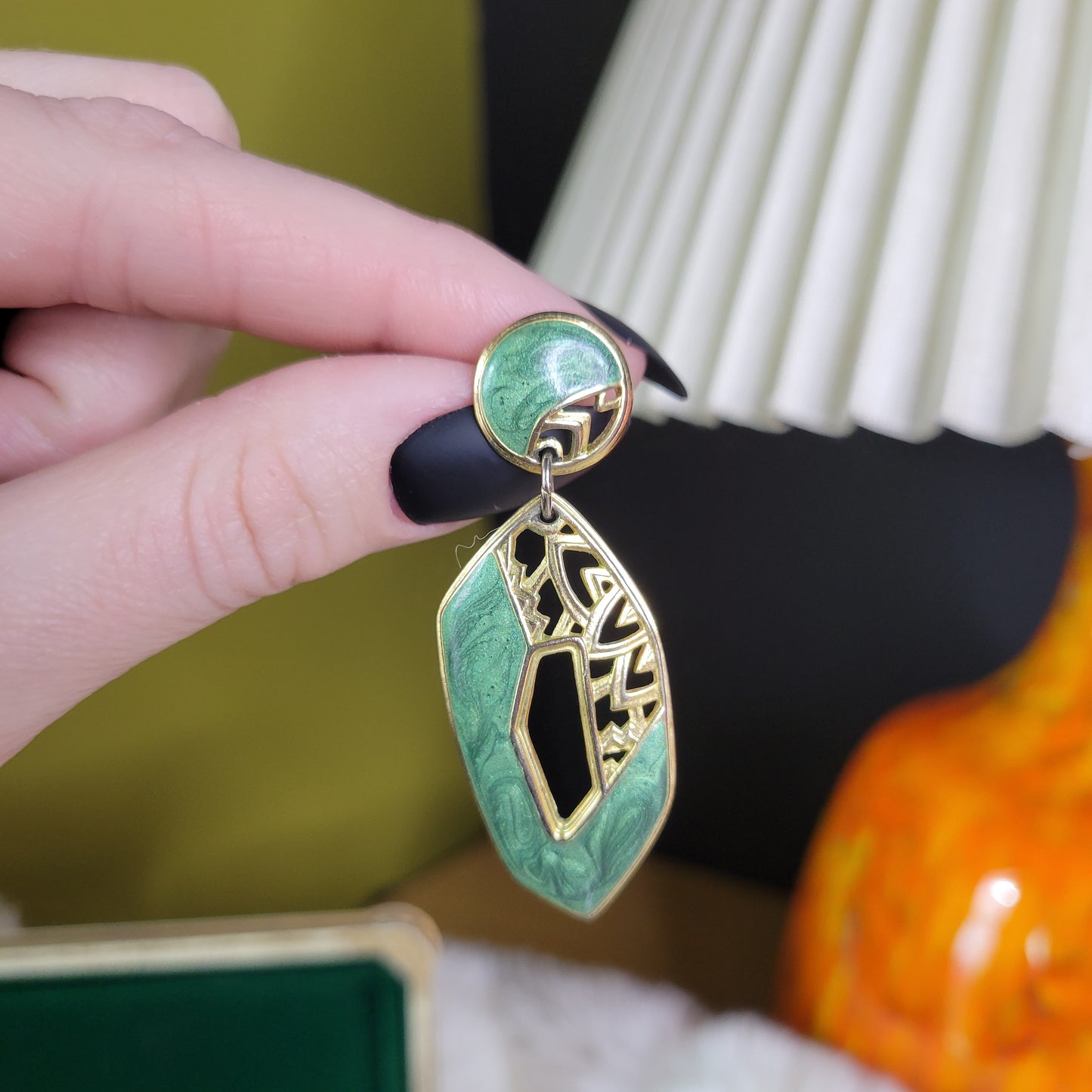 Gold with Green Swirl Enamel Vintage Drop Earrings - Pierced