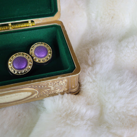 Extra Large Vintage 1980s Purple and Gold Button Earrings - Pierced