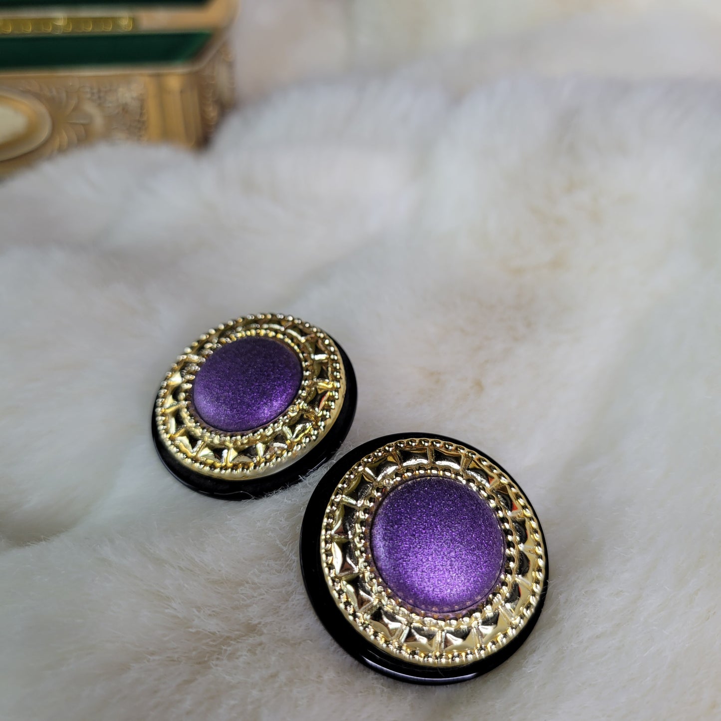 Extra Large Vintage 1980s Purple and Gold Button Earrings - Pierced