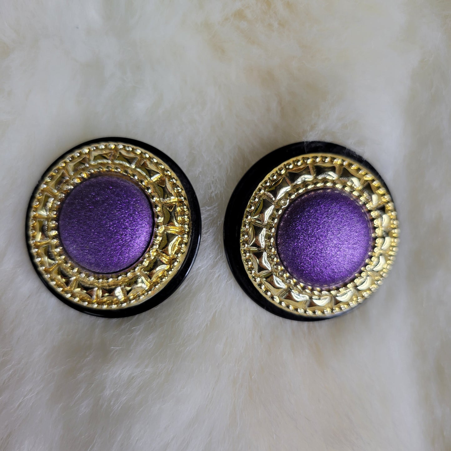 Extra Large Vintage 1980s Purple and Gold Button Earrings - Pierced
