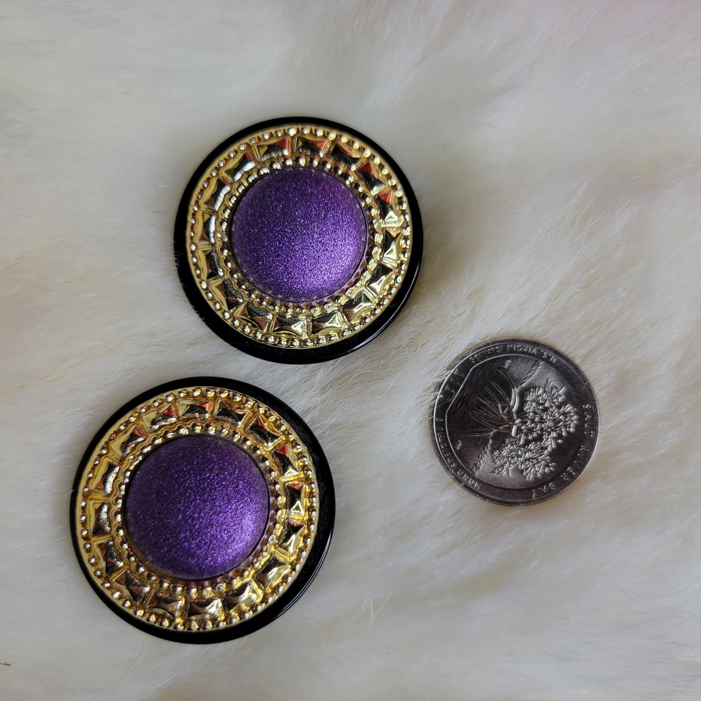 Extra Large Vintage 1980s Purple and Gold Button Earrings - Pierced