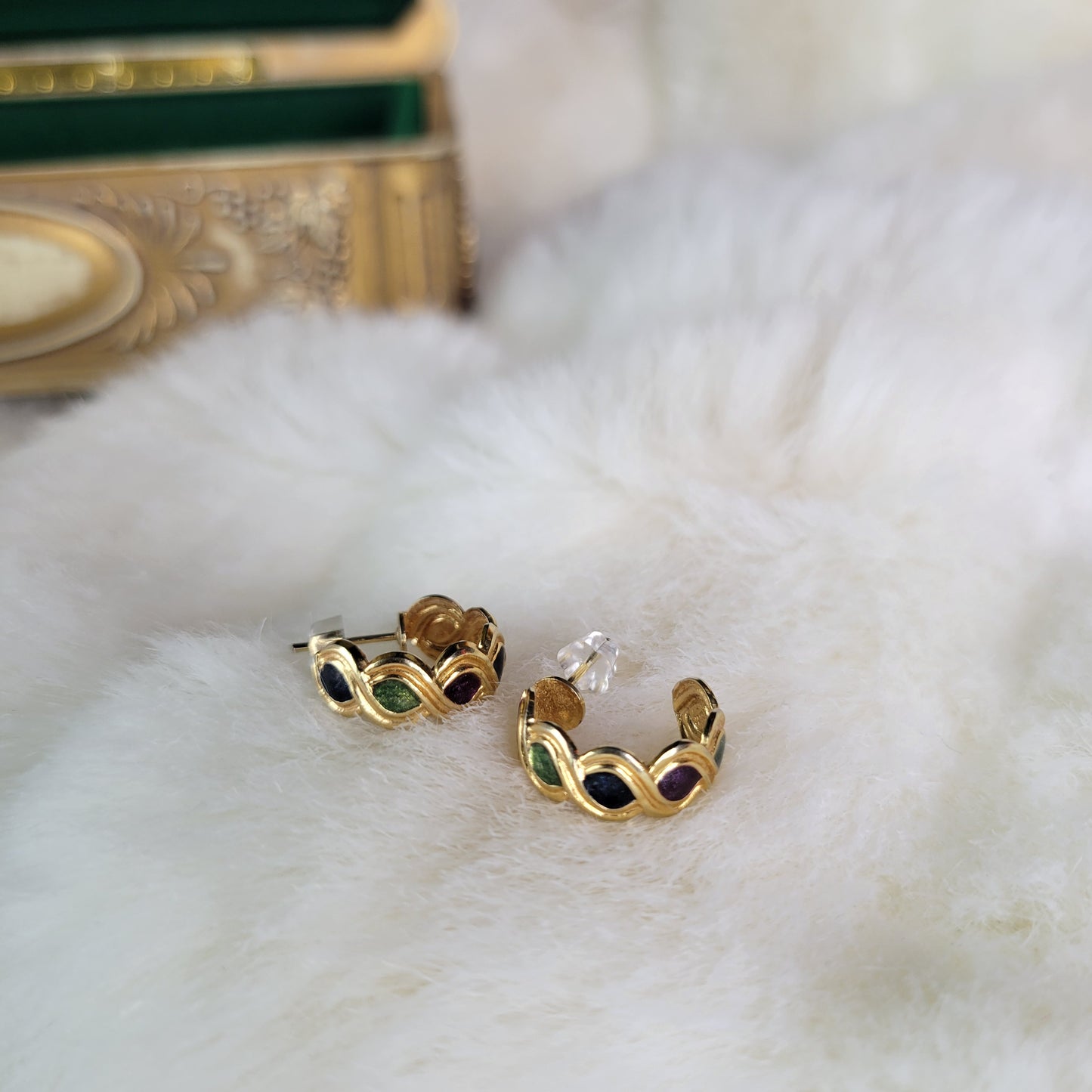 Small Gold Braided Vintage Hoop Earrings with Enamel Filled Details - Pierced