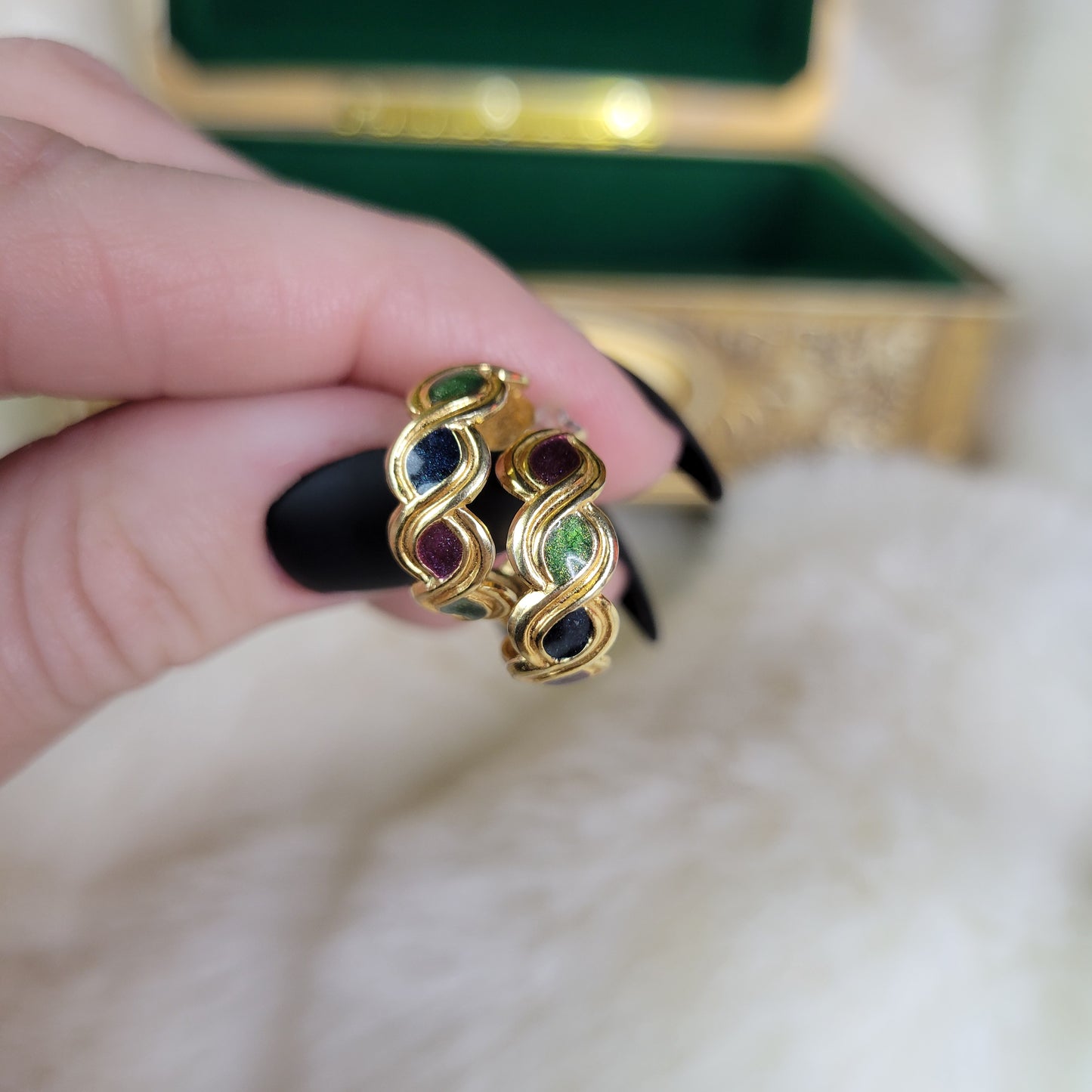 Small Gold Braided Vintage Hoop Earrings with Enamel Filled Details - Pierced