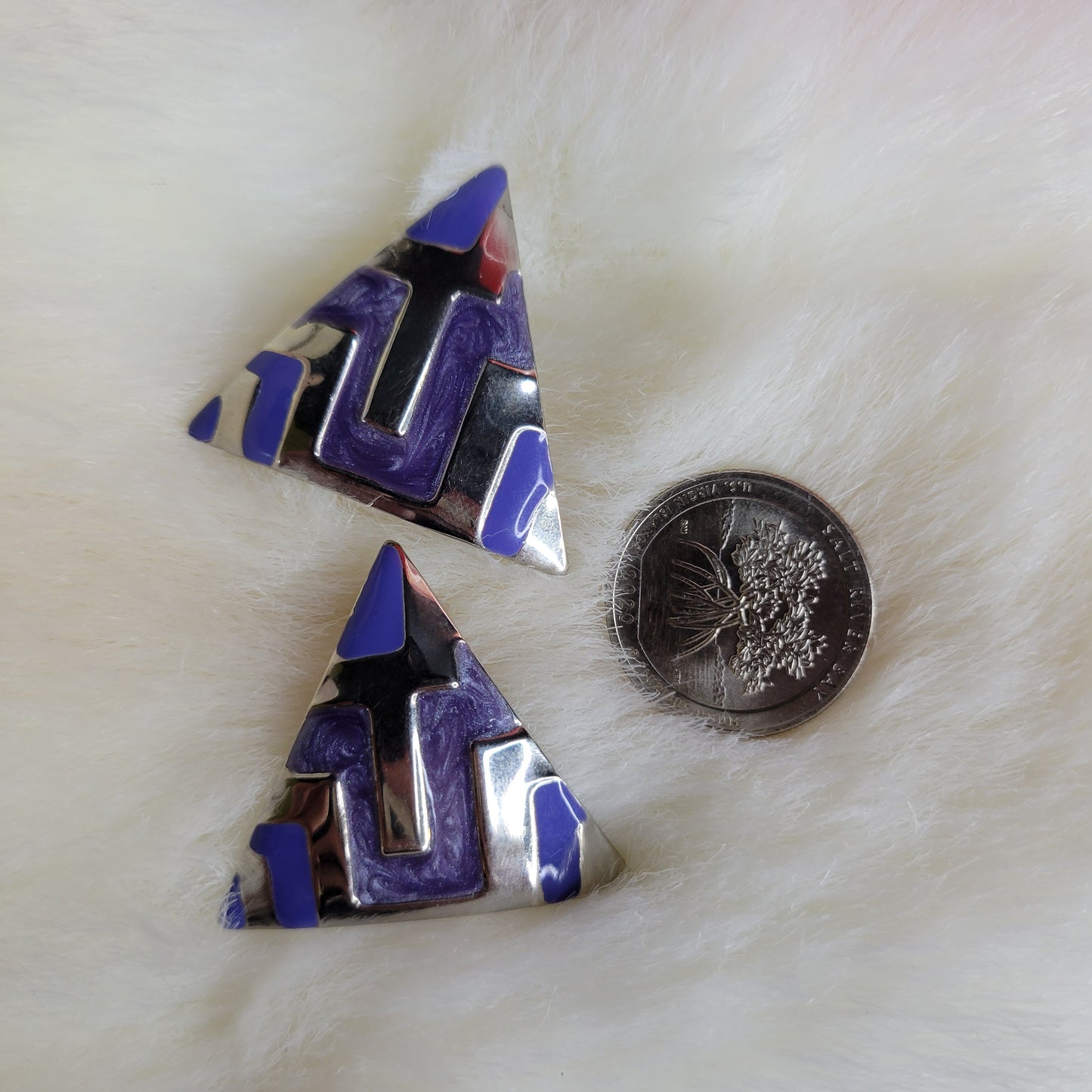 Vintage 1980s Silver Triangle with Purple Swirl Enamel Fill Earrings - Pierced