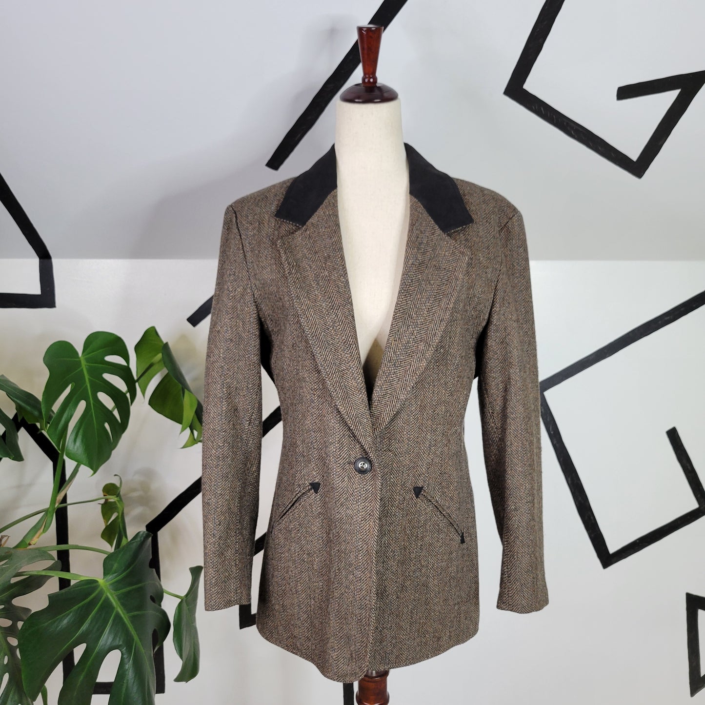 Pioneer Wear Vintage 80s Western Wool Tweed Blazer with Leather Collar - Size 10