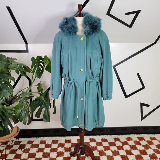 C&A Vintage Dusty Blue Wool Coat with Blue Faux Fur Hood - size EU 40