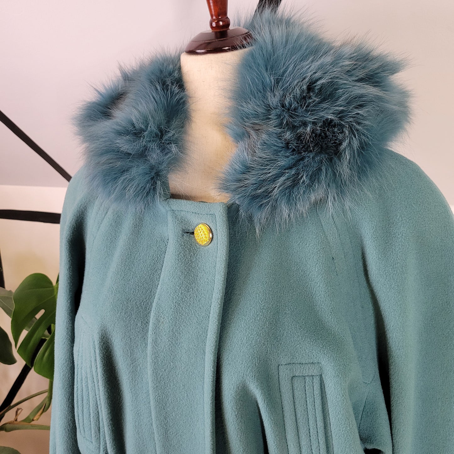 C&A Vintage Dusty Blue Wool Coat with Blue Faux Fur Hood - size EU 40