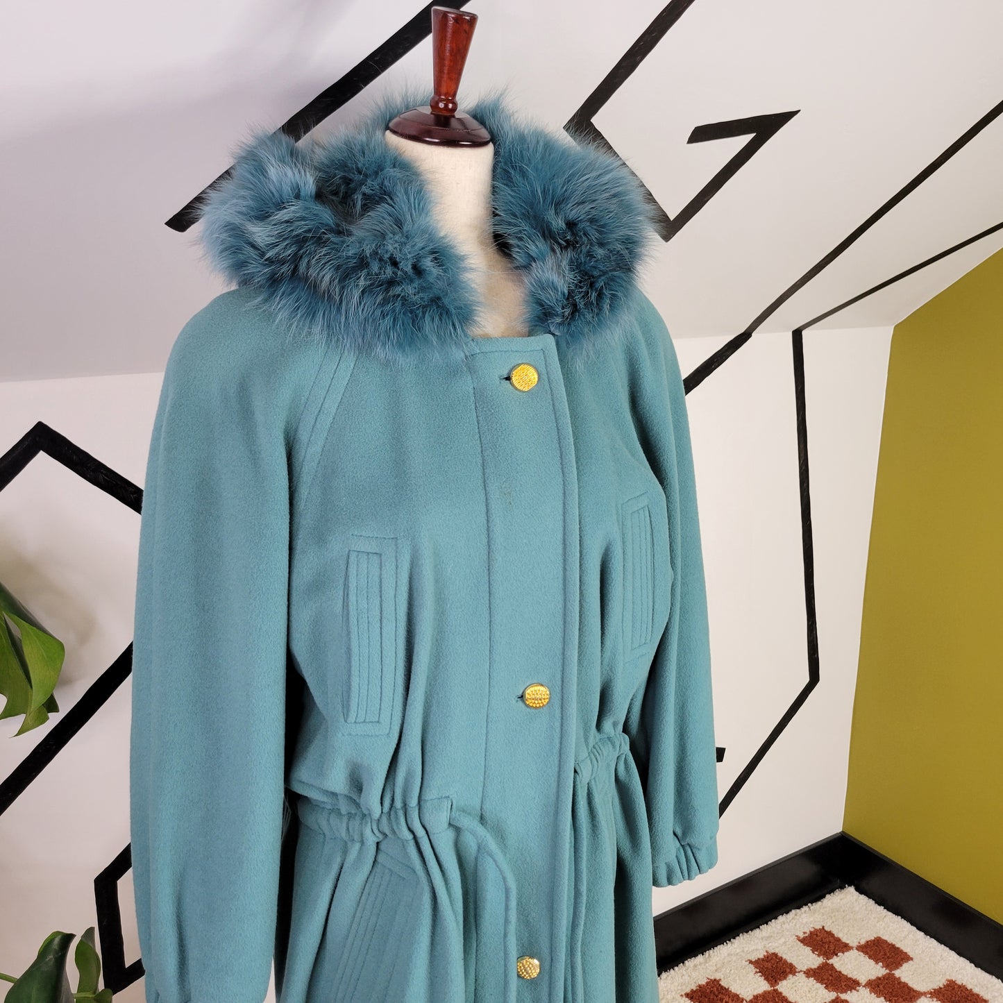 C&A Vintage Dusty Blue Wool Coat with Blue Faux Fur Hood - size EU 40