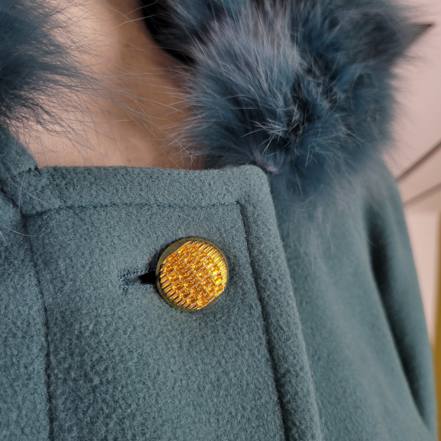 C&A Vintage Dusty Blue Wool Coat with Blue Faux Fur Hood - size EU 40