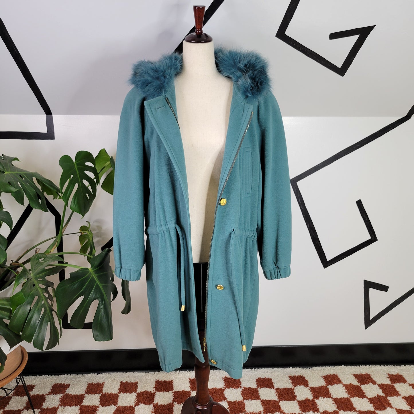 C&A Vintage Dusty Blue Wool Coat with Blue Faux Fur Hood - size EU 40