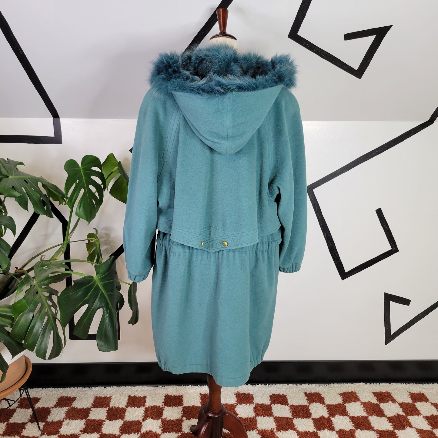 C&A Vintage Dusty Blue Wool Coat with Blue Faux Fur Hood - size EU 40