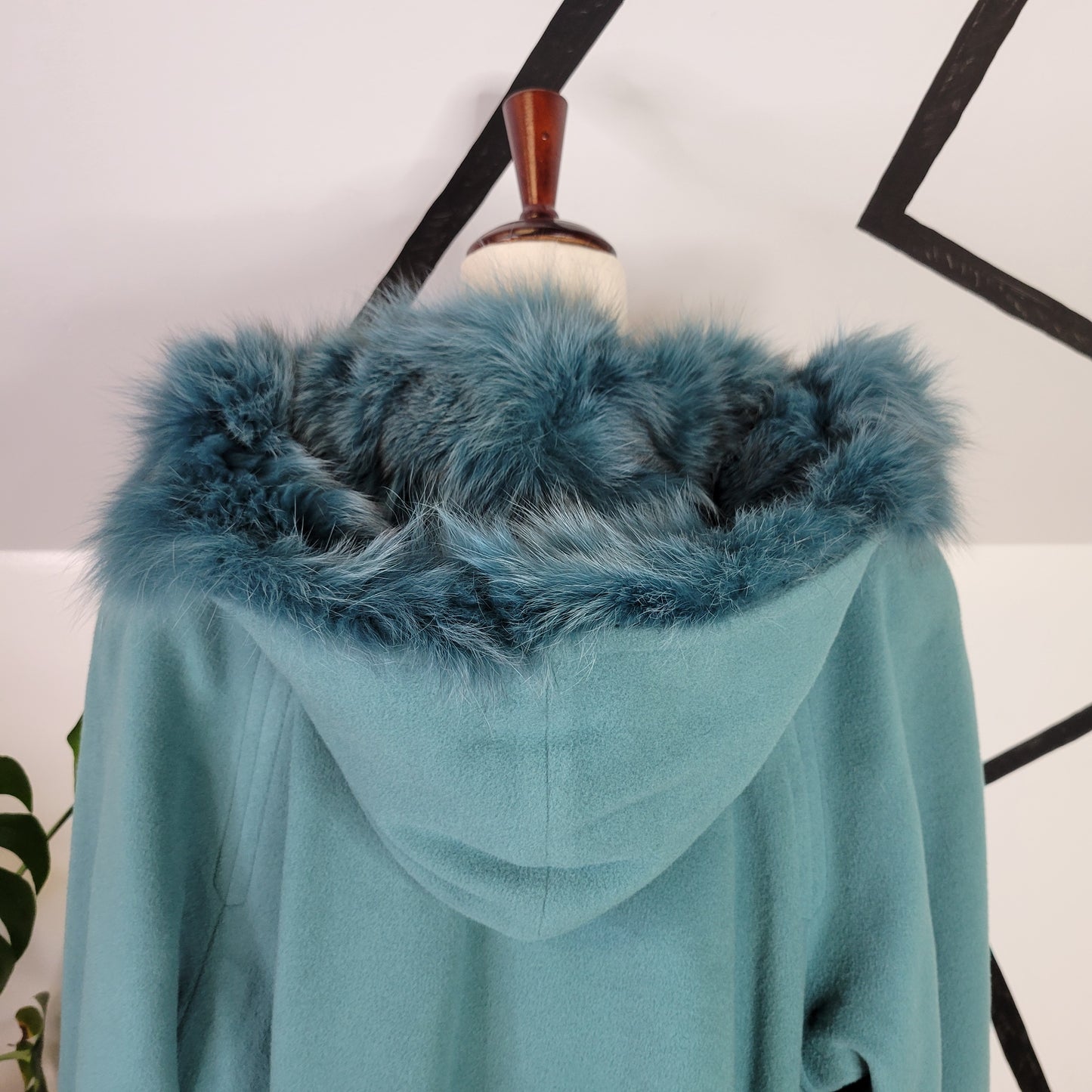 C&A Vintage Dusty Blue Wool Coat with Blue Faux Fur Hood - size EU 40