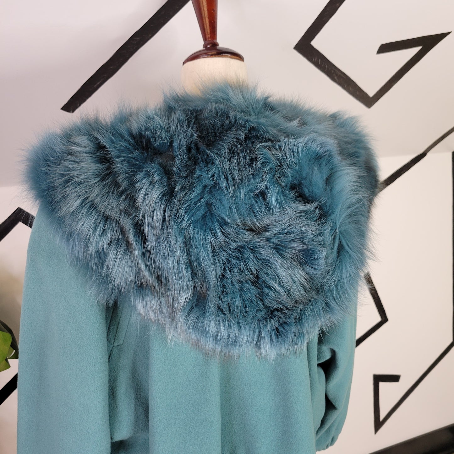 C&A Vintage Dusty Blue Wool Coat with Blue Faux Fur Hood - size EU 40