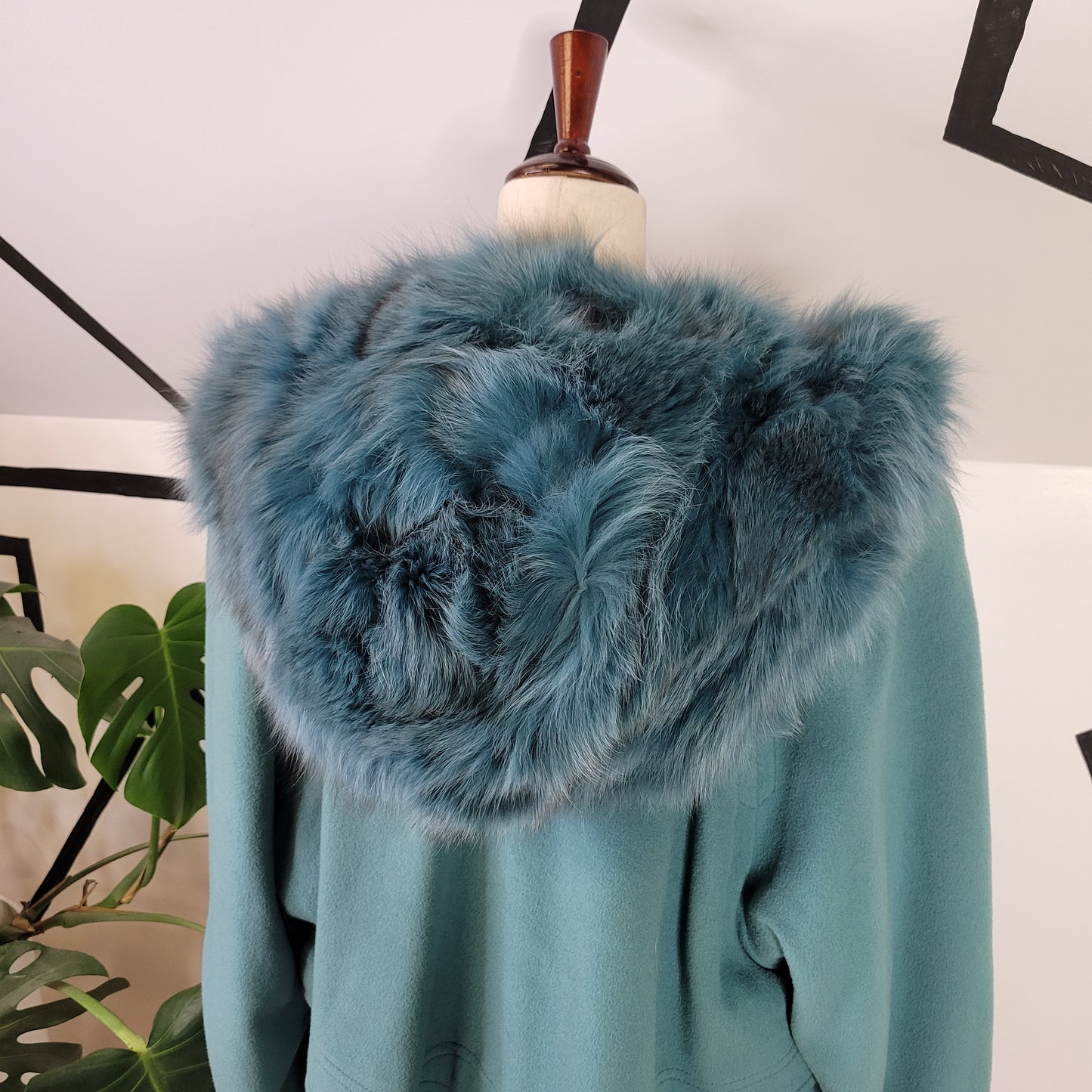 C&A Vintage Dusty Blue Wool Coat with Blue Faux Fur Hood - size EU 40