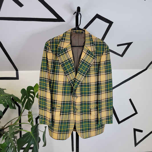 Vintage 70s Hand Tailored Yellow and Green Plaid Wool Tweed Blazer - large