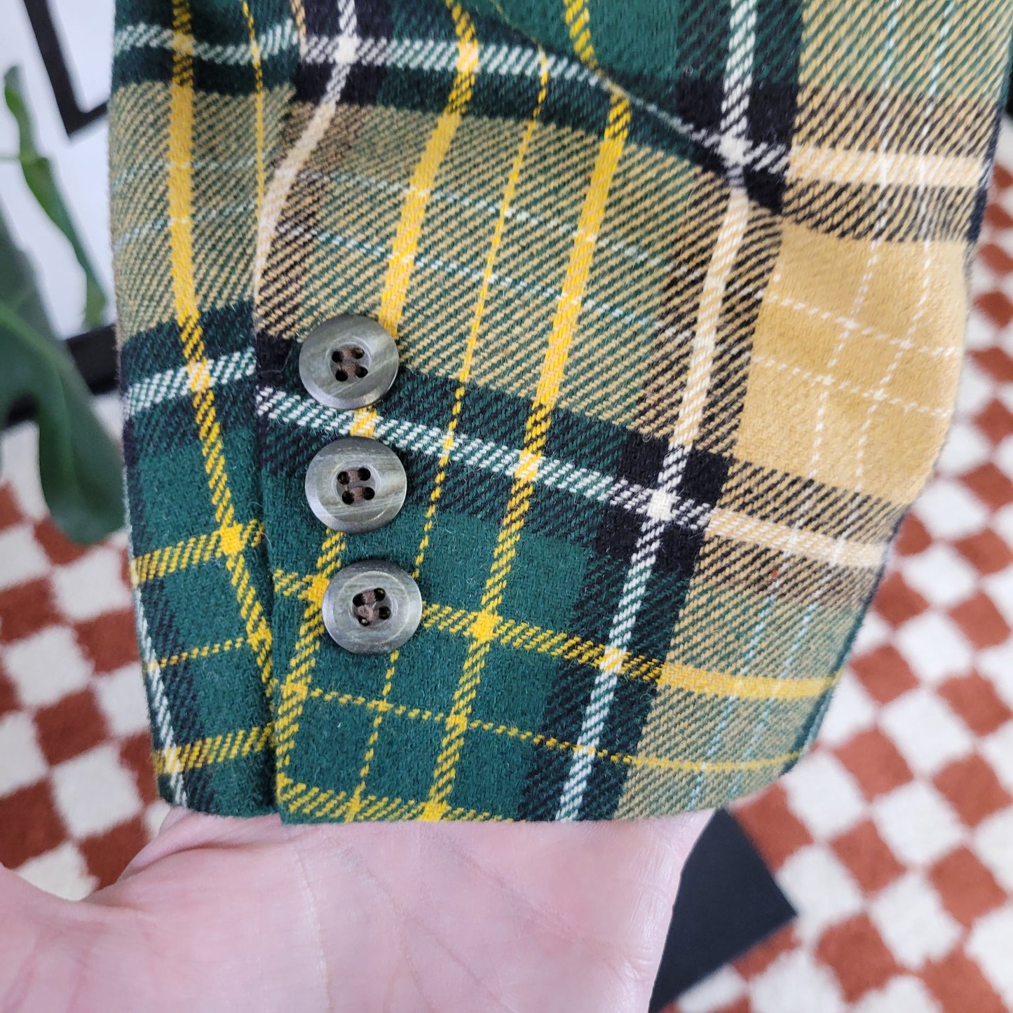 Vintage 70s Hand Tailored Yellow and Green Plaid Wool Tweed Blazer - large