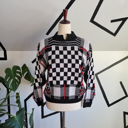 Vintage Hand Knit Checkered Sweater - small