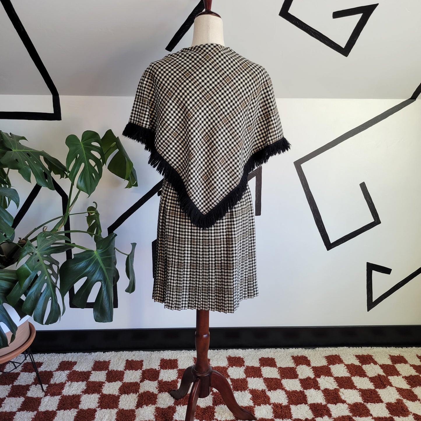 Vintage 50s Handmade Wool Tweed Plaid Fringe Cape and Wrap Skirt Two Piece Set - small