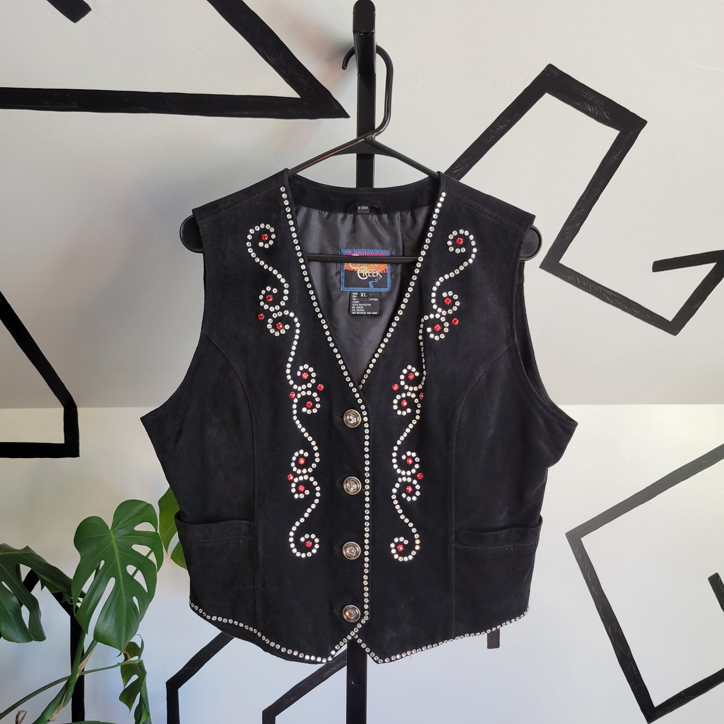 Cripple Creek Black Leather Bedazzled Vest - XL