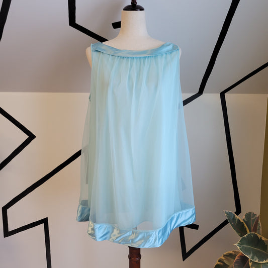 Miss Siren 60s Vintage Light Blue Bateau Neckline Satin and Mesh Babydoll Peignoir - Medium