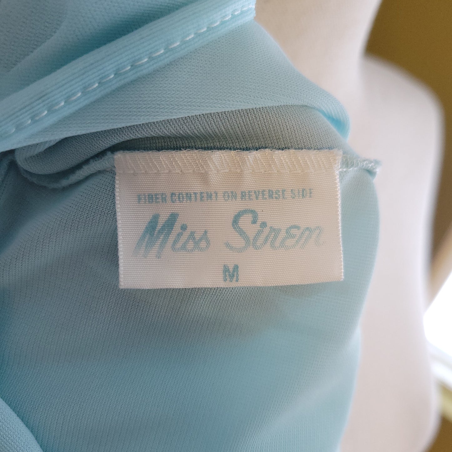 Miss Siren 60s Vintage Light Blue Bateau Neckline Satin and Mesh Babydoll Peignoir - Medium